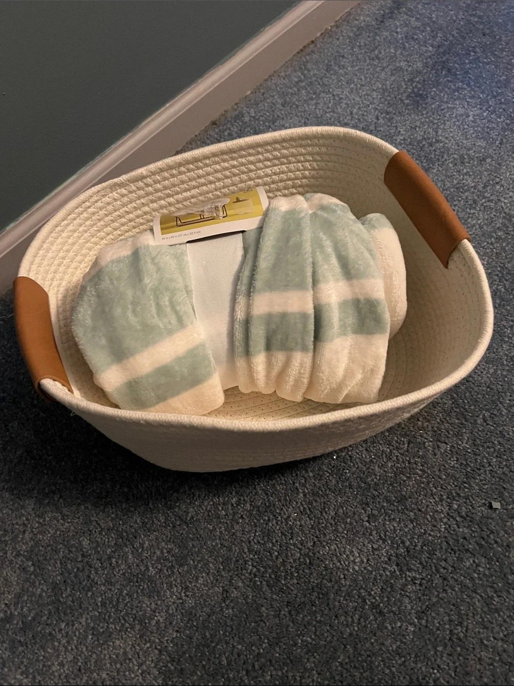 Target Cream Woven Rope Storage Basket with Brown Leather Handles